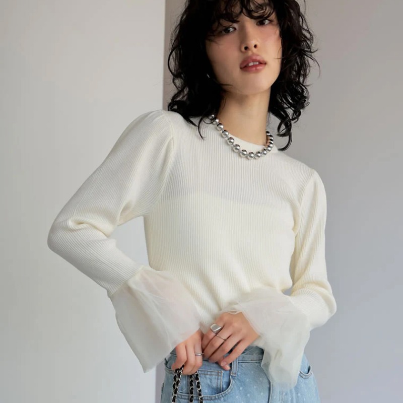 デート服 袖口シフォン切替リブニット長袖トップス3色