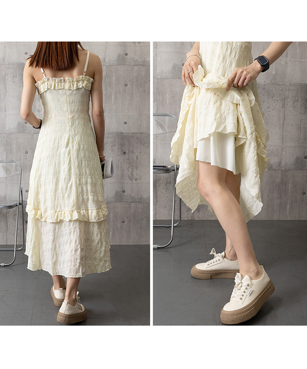 デート服 フリルティアード キャミロングワンピース