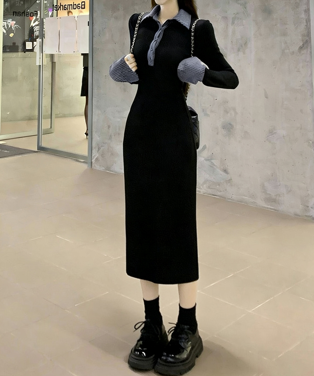 デート服 配色襟付きリブニットロングワンピース