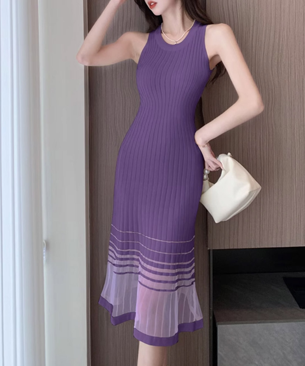 デート服 シースルー裾 ノースリーブニットワンピース 全4色
