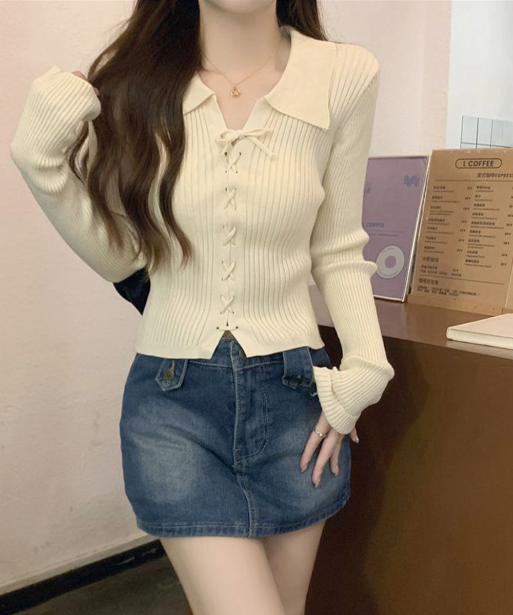 デート服 編み上げリブニットトップス 襟付き長袖