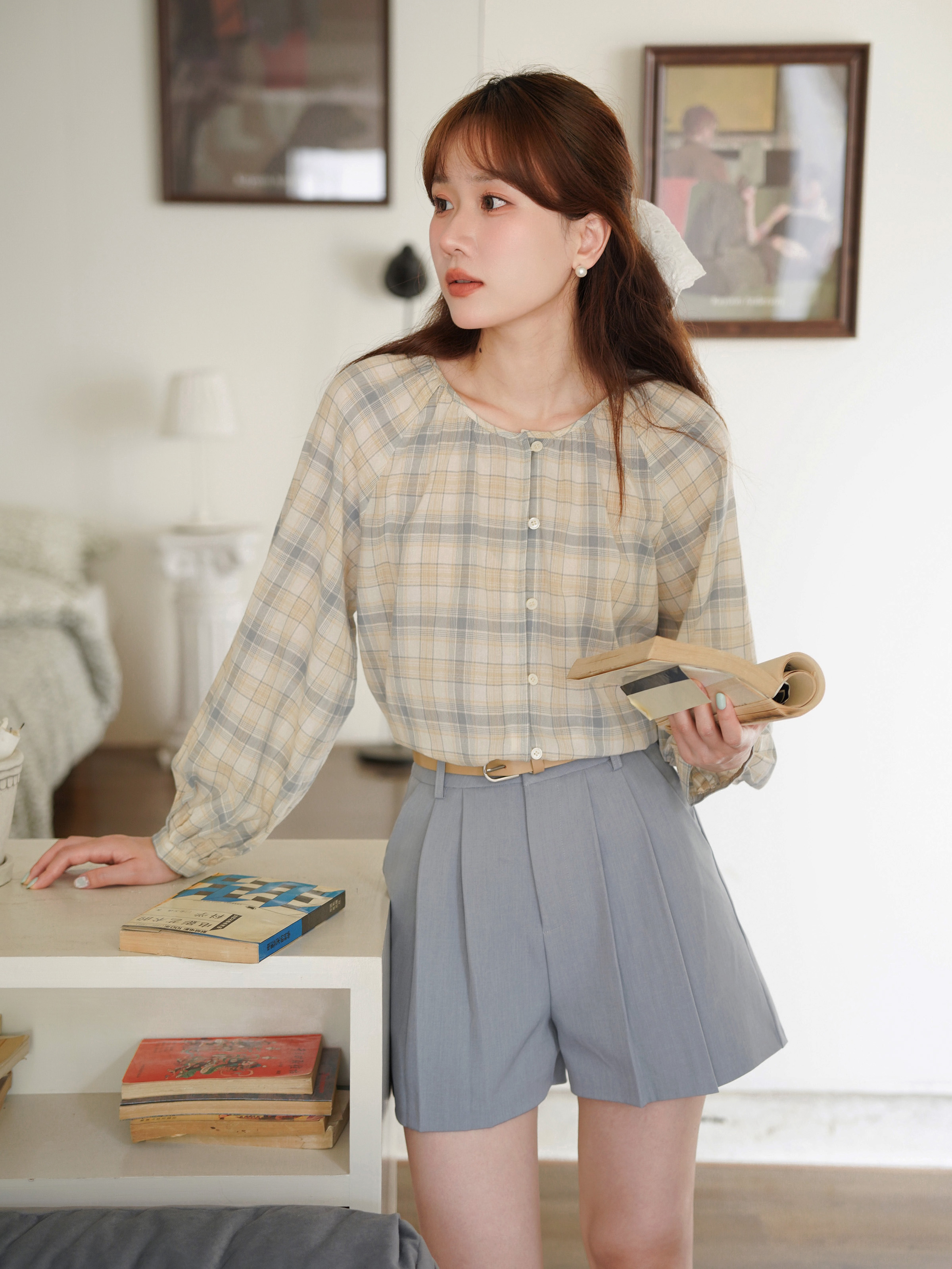 タックプリーツハイウエストショートパンツ｜デート服