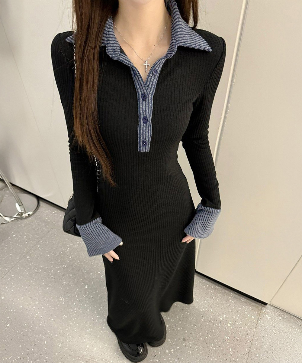 デート服 配色襟付きリブニットロングワンピース