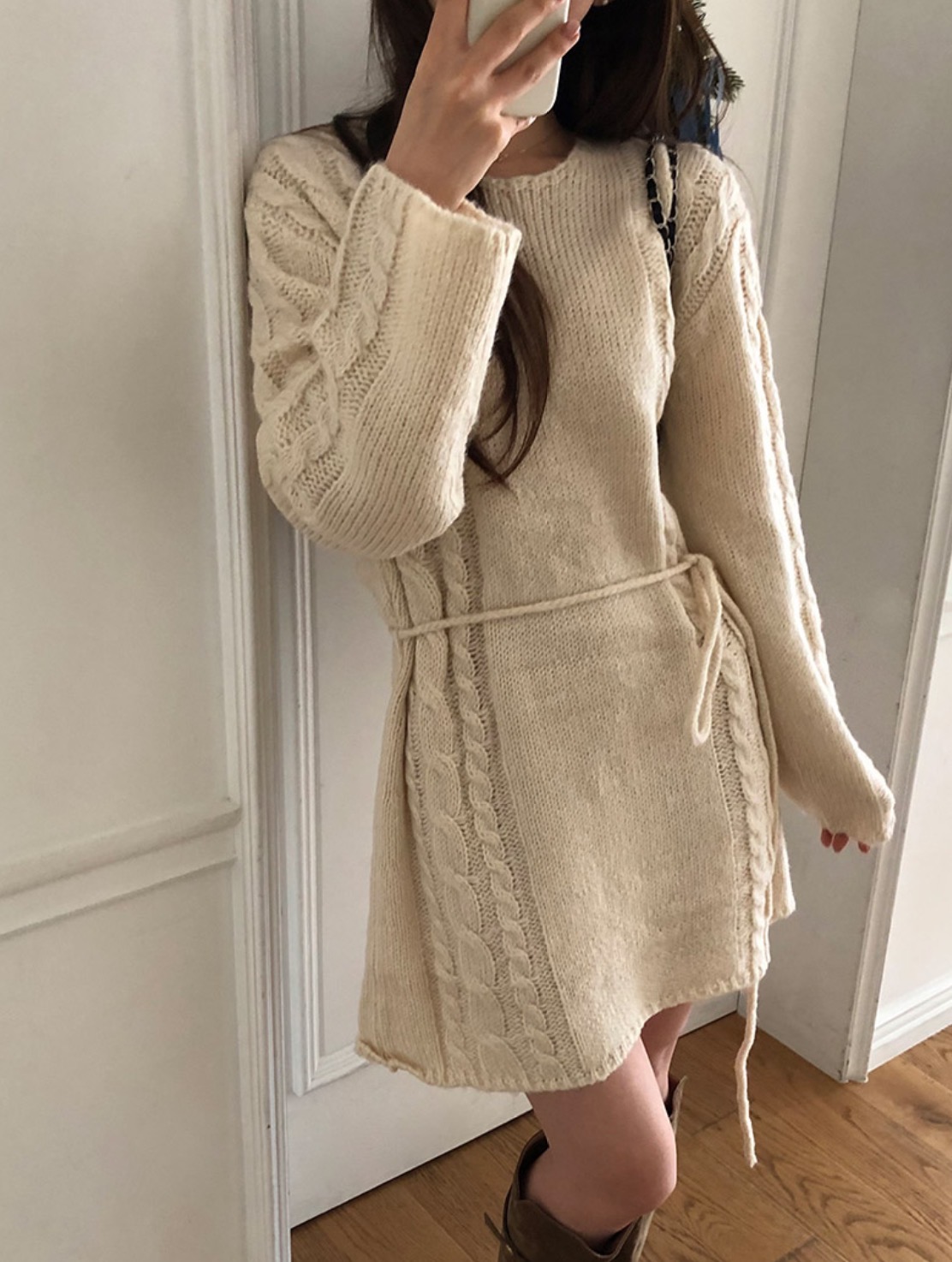 デート服 韓国風ケーブル編みニットワンピース