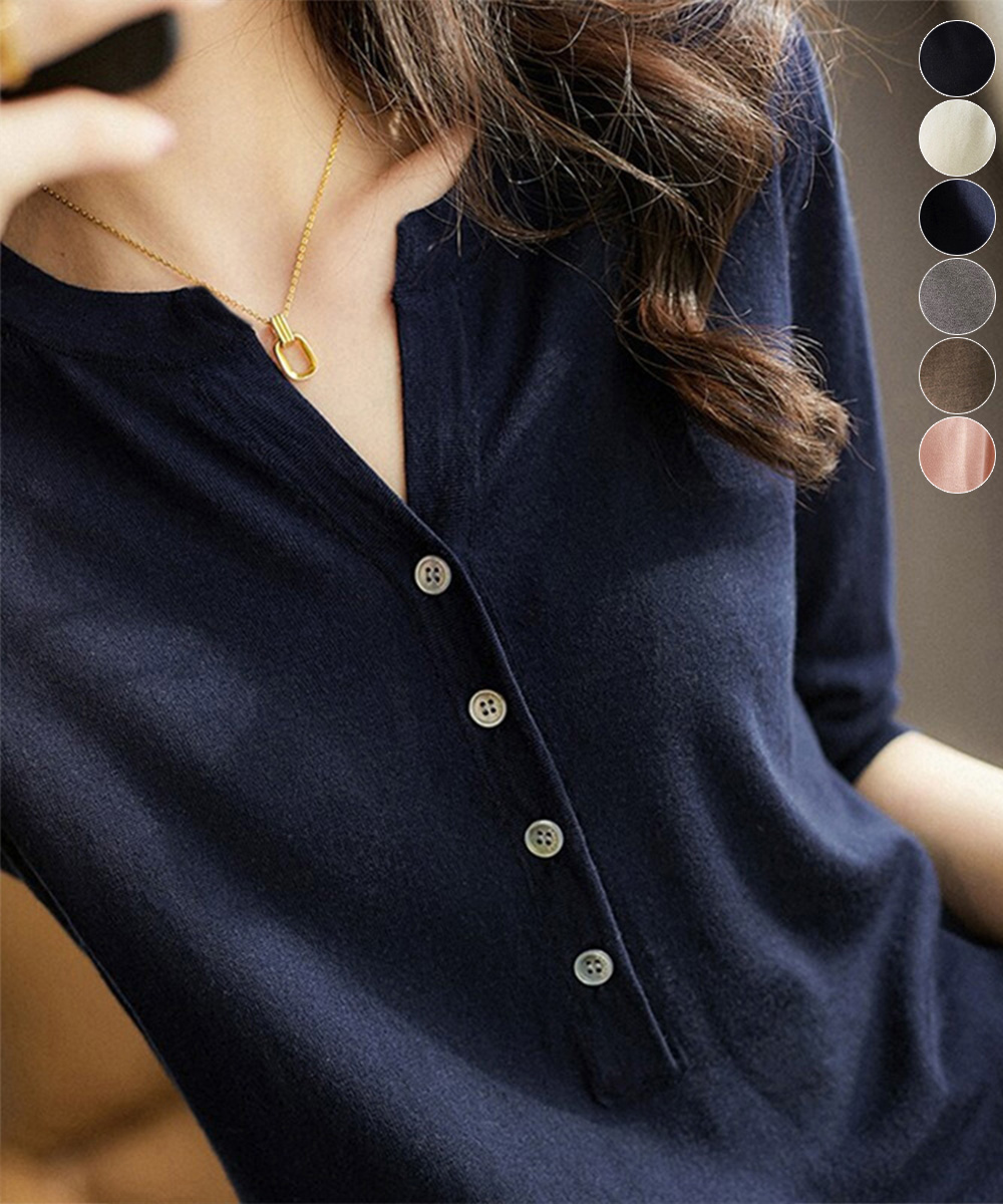 デート服 夏のデートにぴったり 五分袖ハーフボタンVネックニット