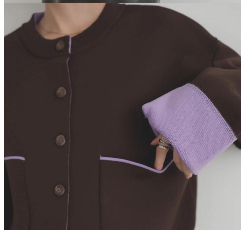 デート服 韓国風カラーパイピングニットカーディガン