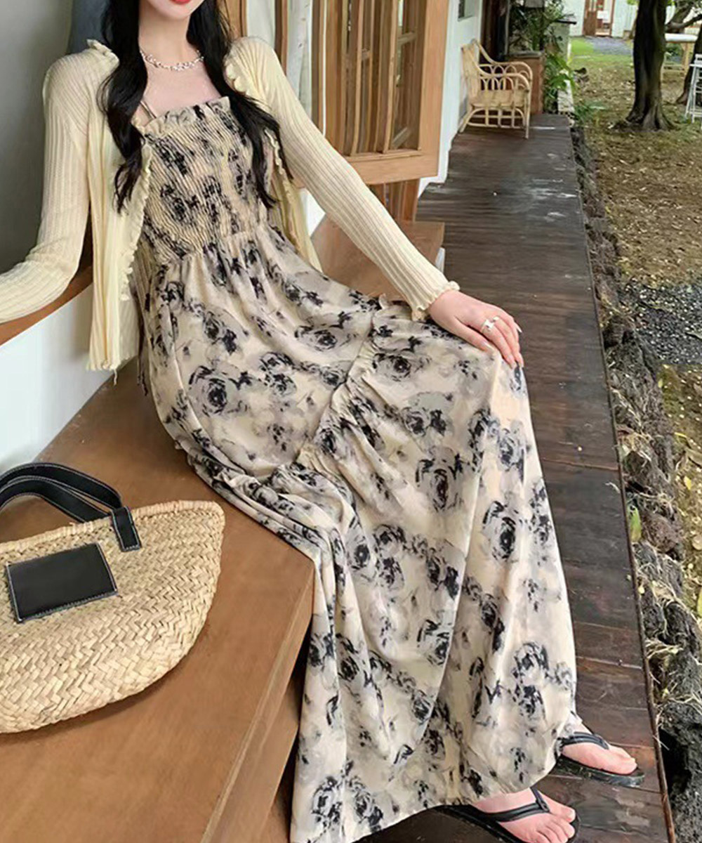 花柄シャーリング キャミロングワンピース