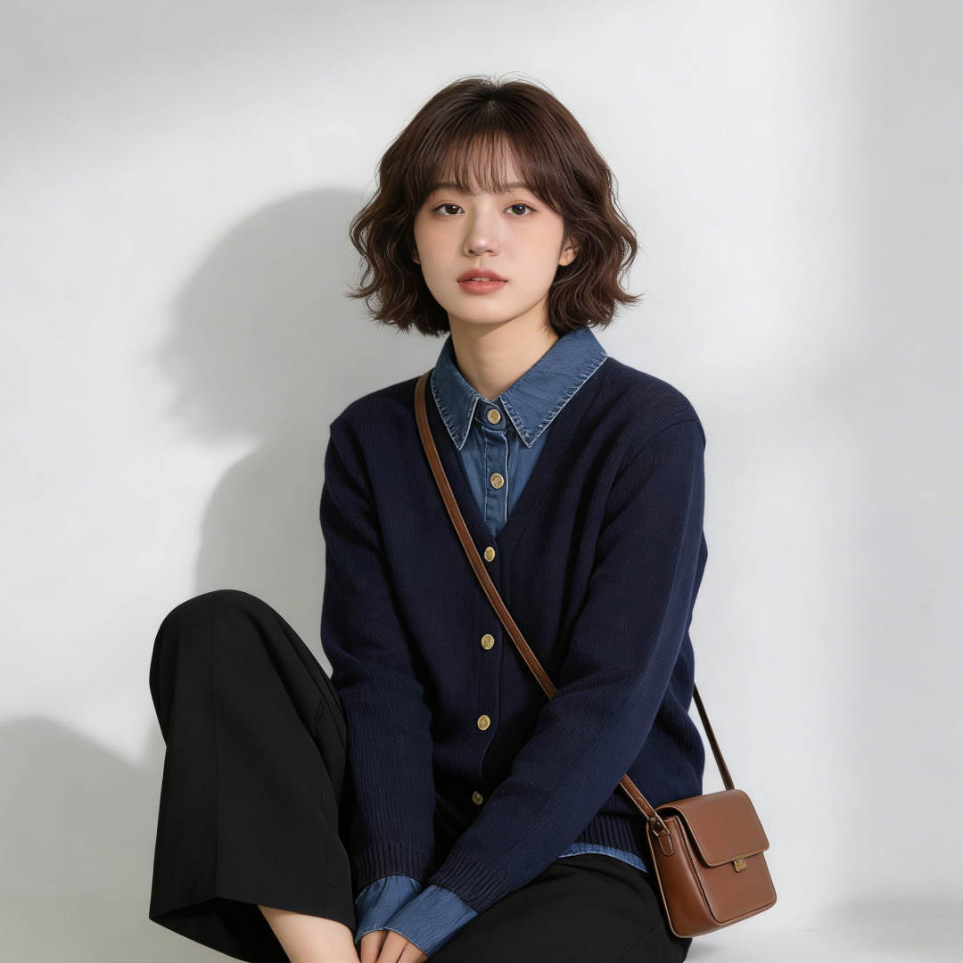 デート服 今季注目の重ね着風ニットカーディガン