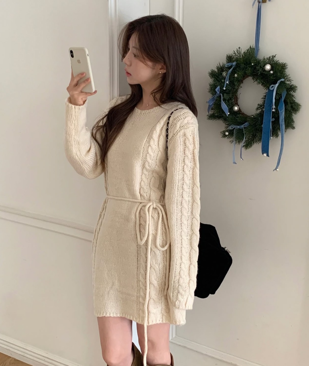 デート服 韓国風ケーブル編みニットワンピース