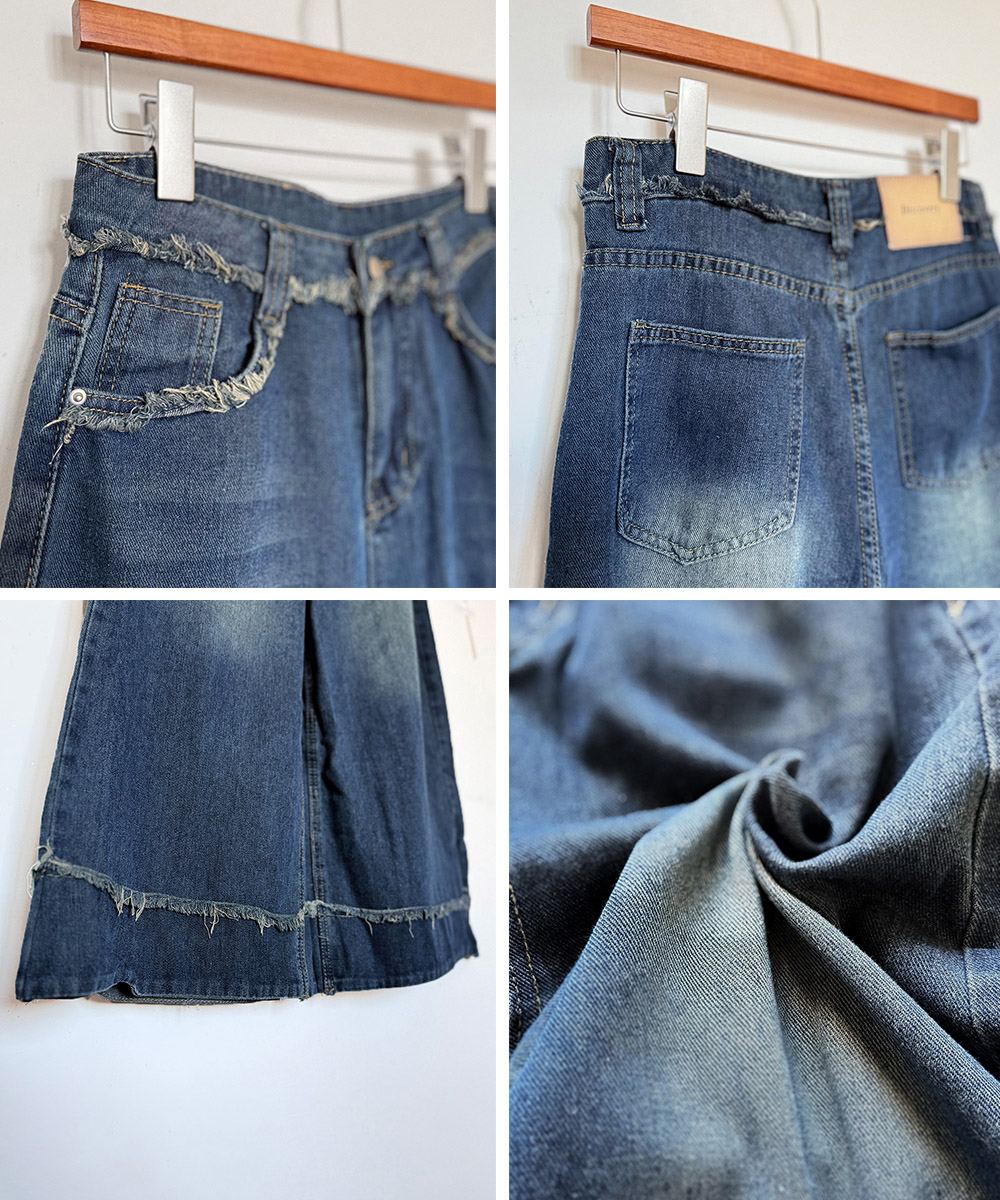 デート服 フリンジ裾 ハイウエストデニムワイドパンツ