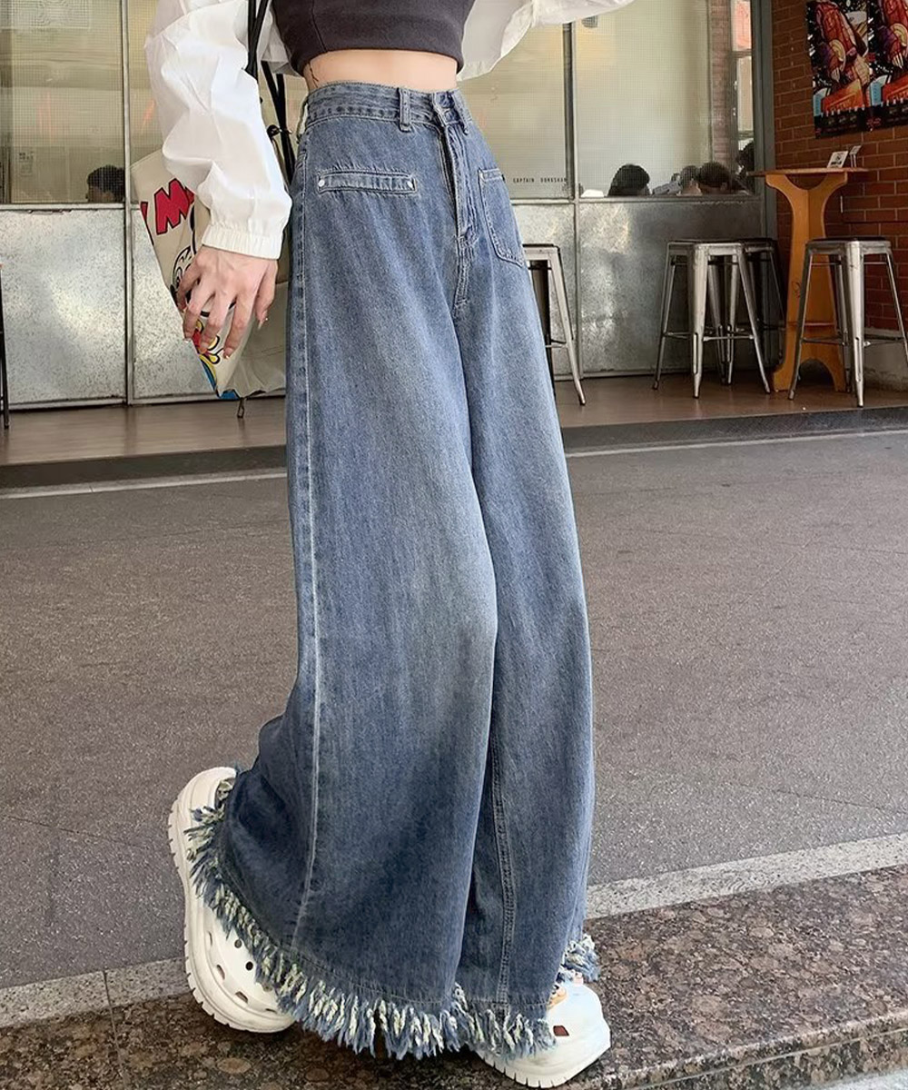 デート服 フリンジ裾 ワイドデニムパンツ 美脚ズボン