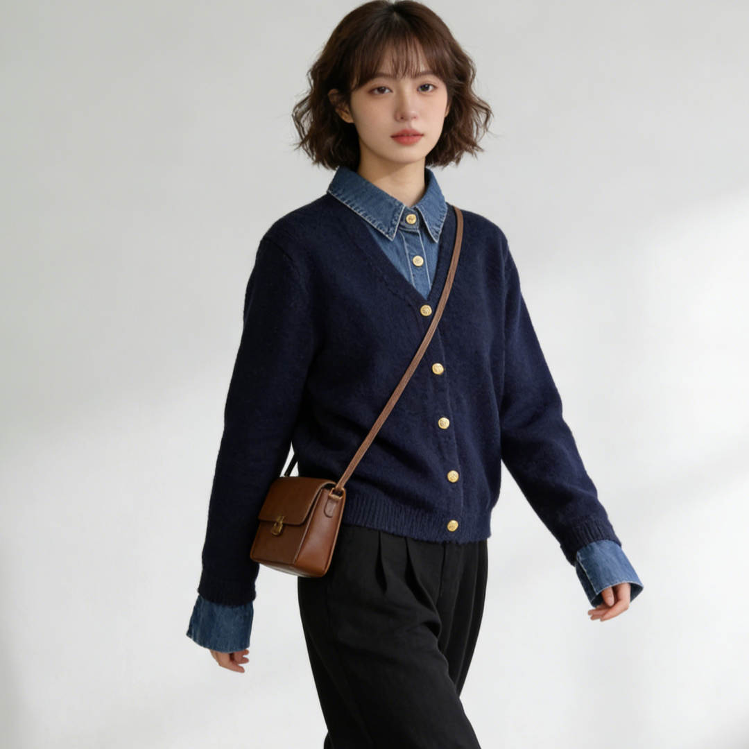 デート服 今季注目の重ね着風ニットカーディガン