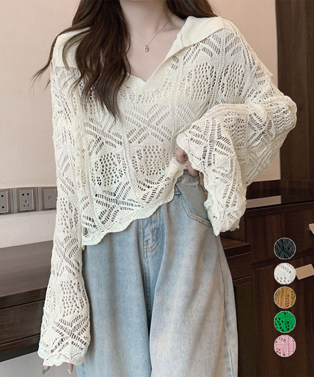 デート服 夏のデート用 透かし編みポロニット ベルスリーブ