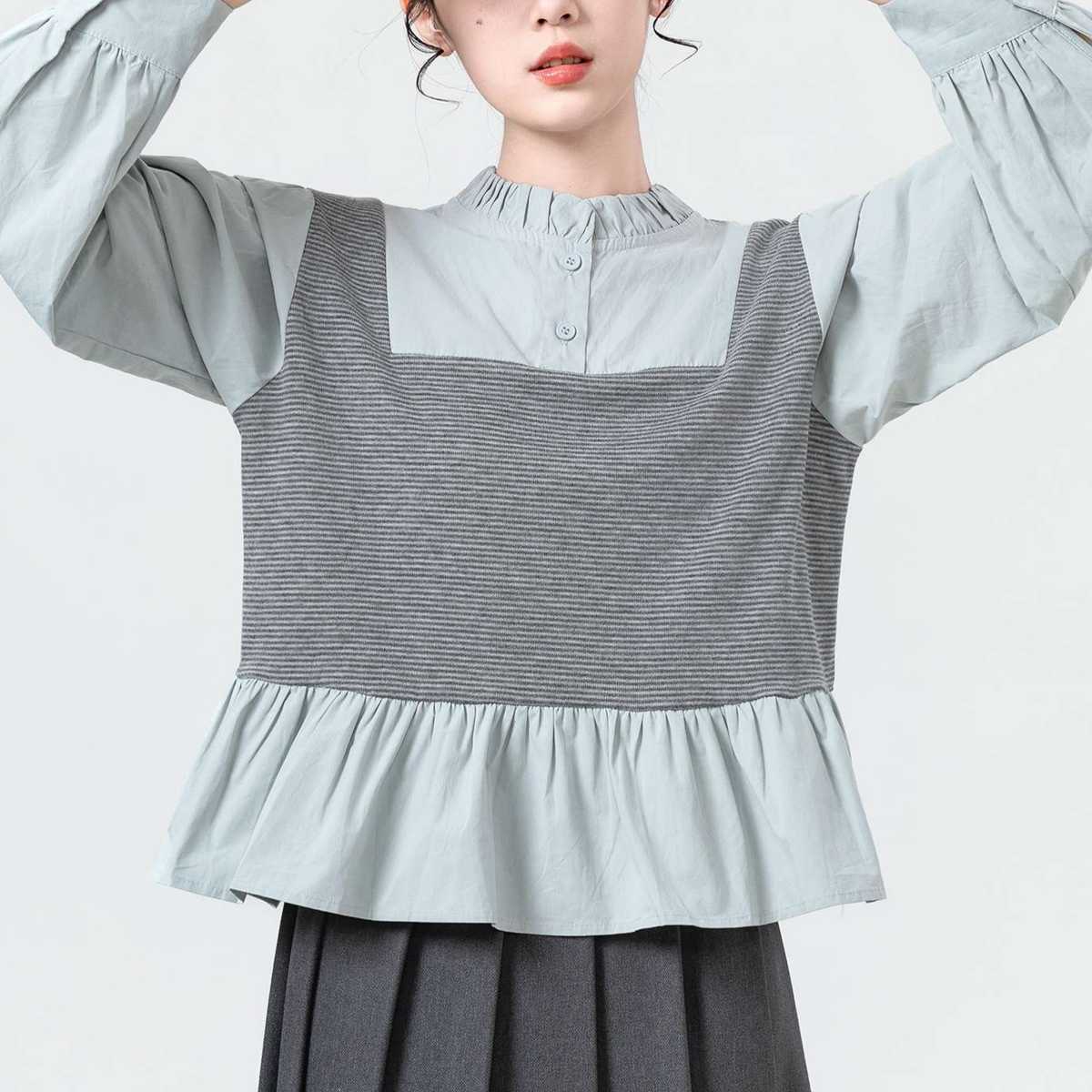 フリル付きシアーコンビネーション長袖ブラウス｜デート服