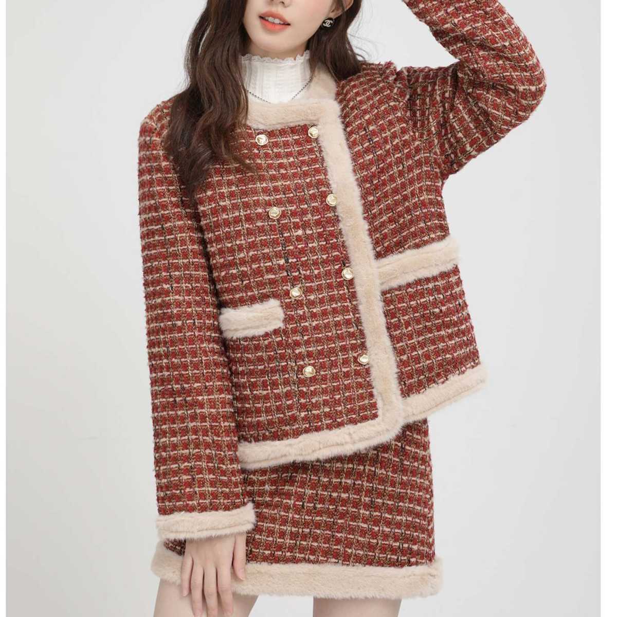 ファー付きツイードセットアップ｜デート服