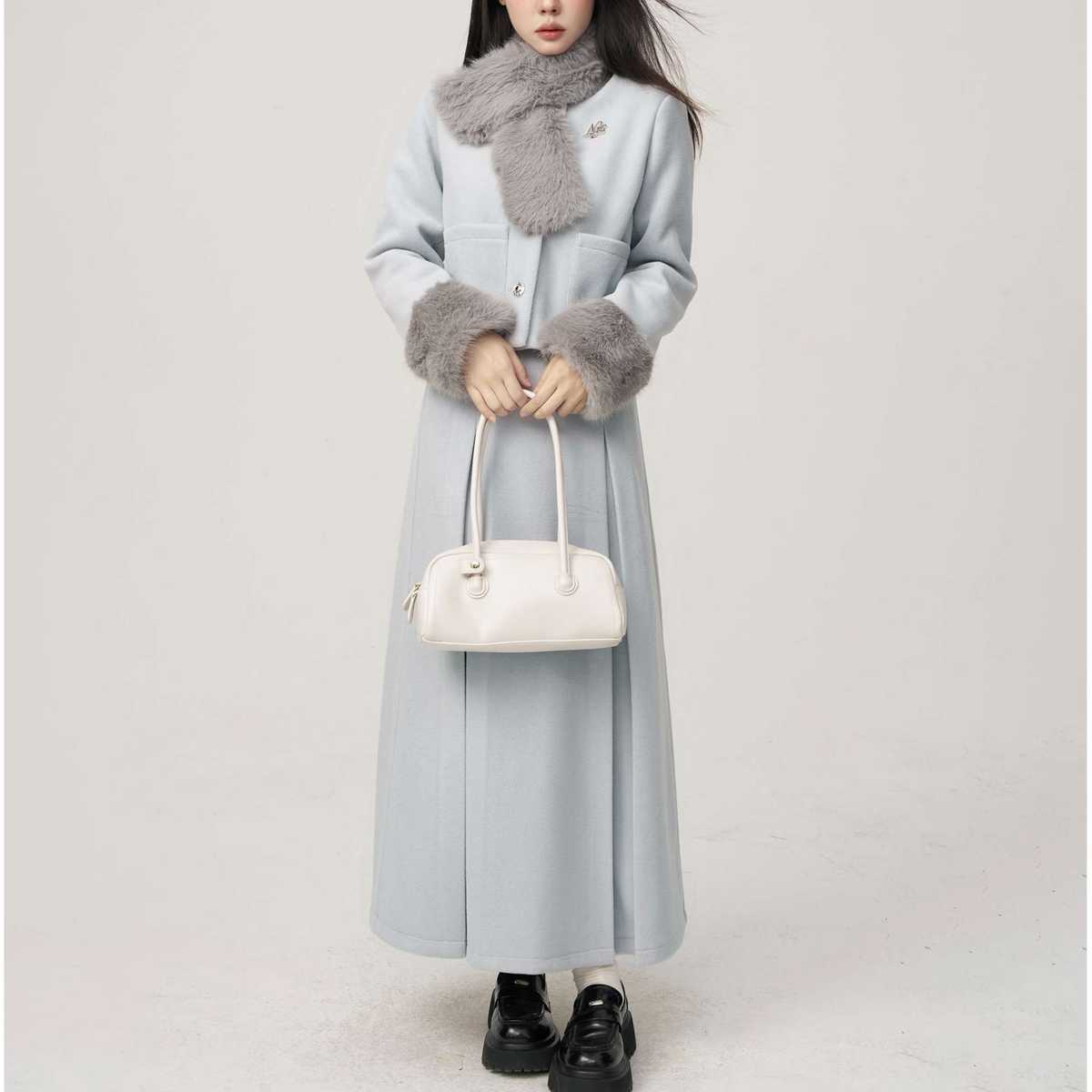 ファーアクセントジャケット＆ロングスカートセットアップ｜デート服