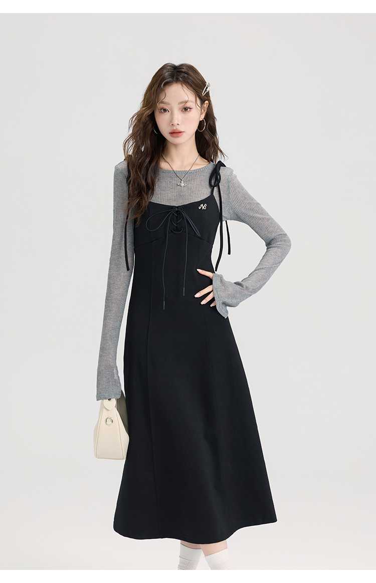 レースアップキャミワンピース＆シアーリブニットトップスセット｜デート服