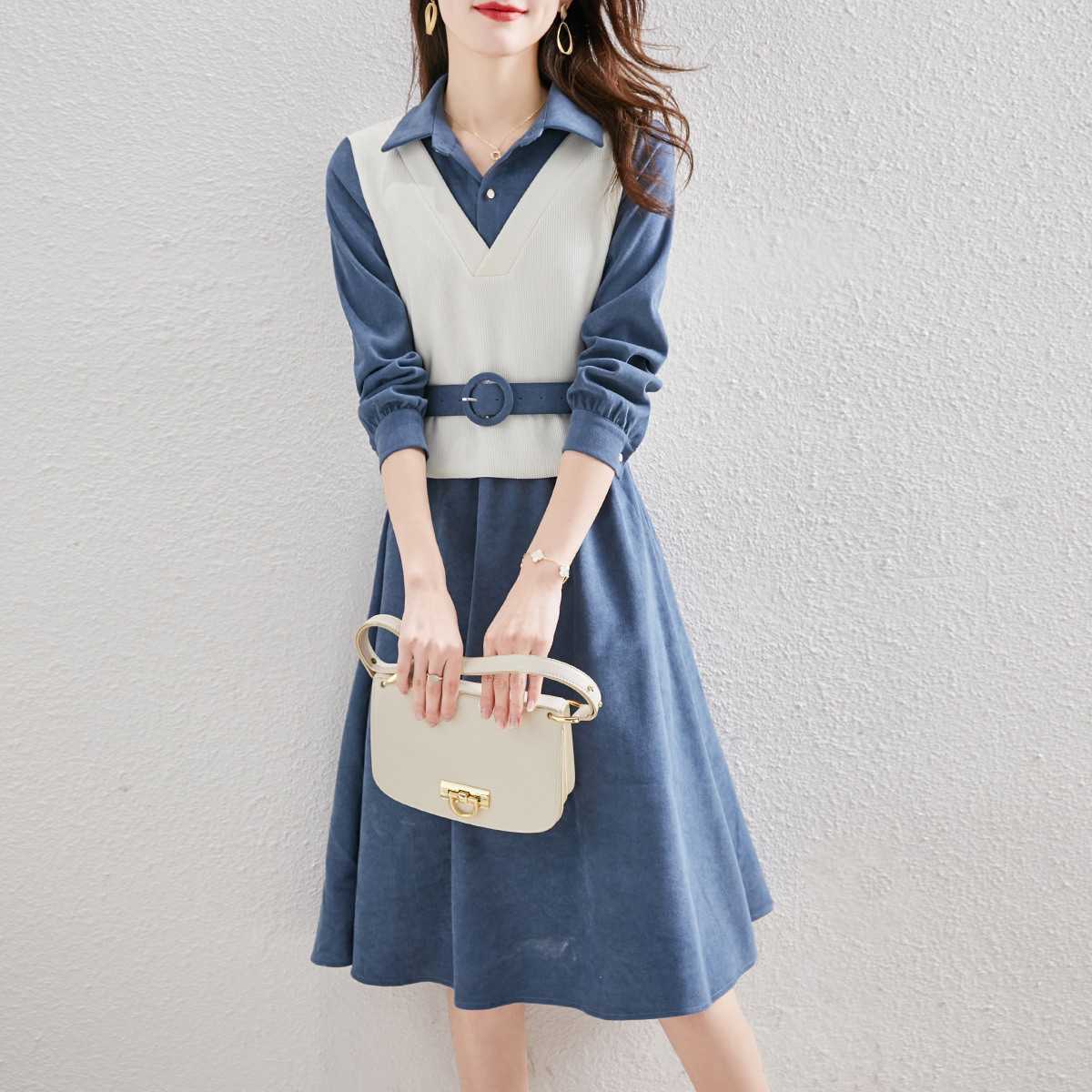 好感度も着回し力も抜群な、ニットベスト付きシャツワンピースセット｜デート服