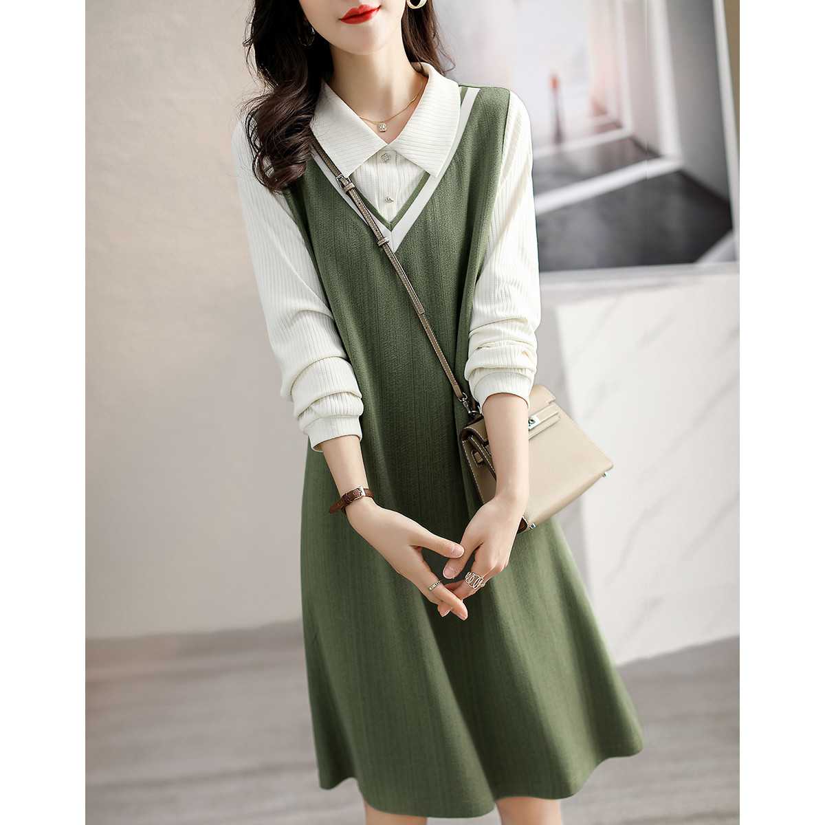 ポロカラーロングシャツ＆Vネックワンピースセット｜デート服