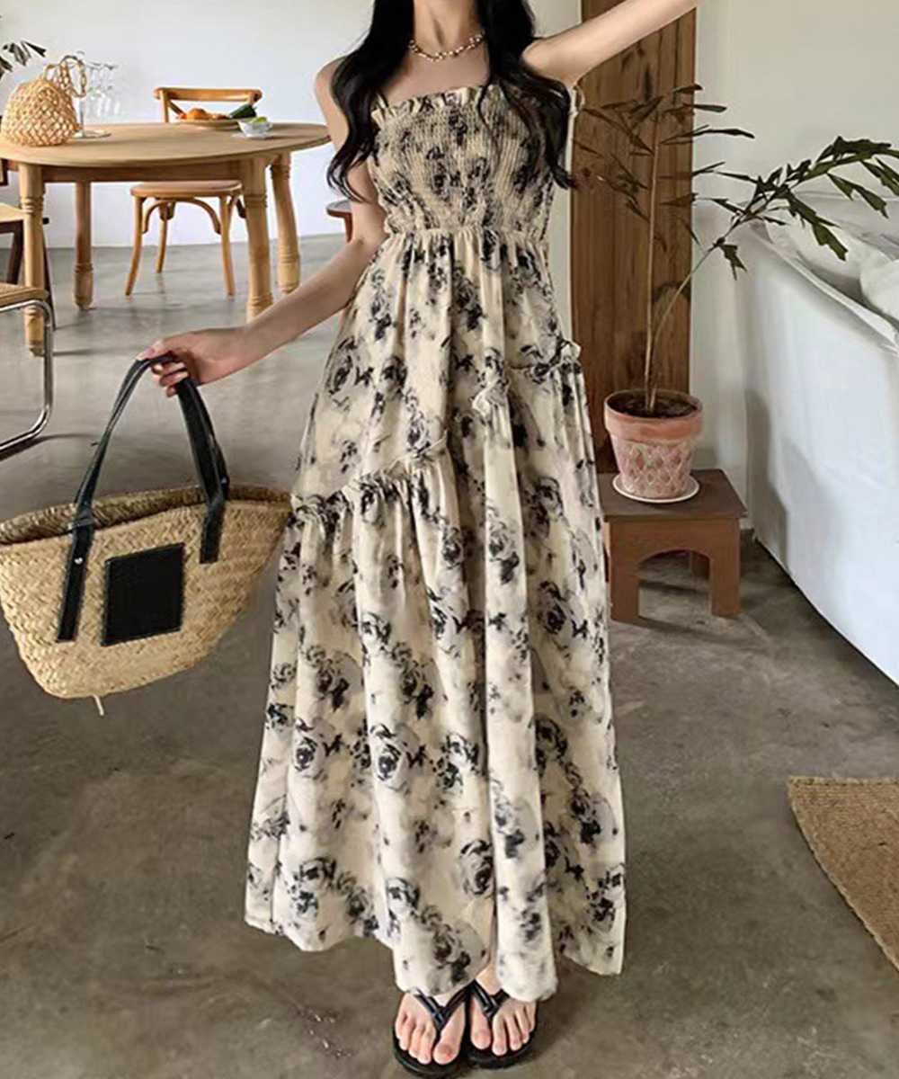 花柄シャーリング キャミロングワンピース