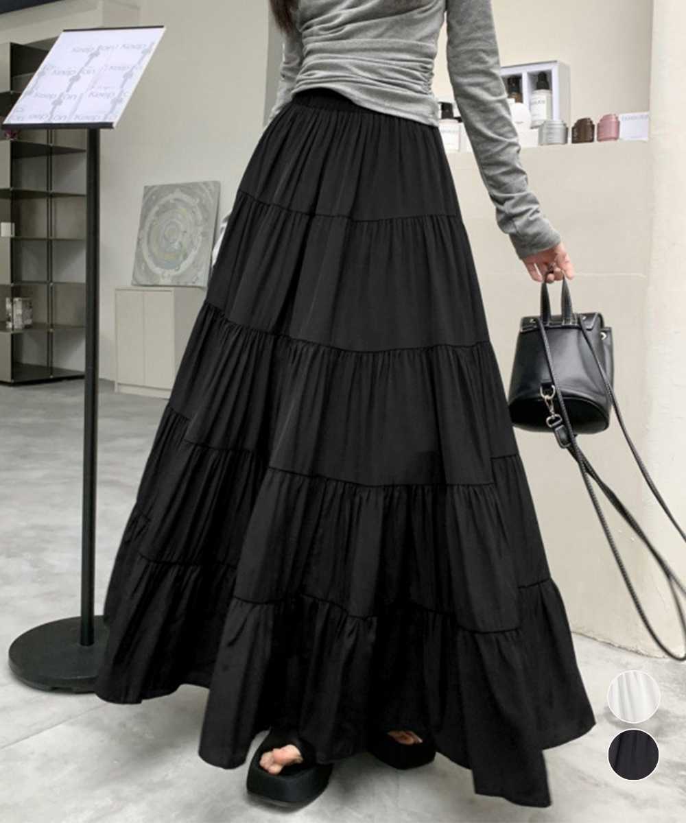 デート服 ふんわり五段ティアードスカート 韓国風ロング