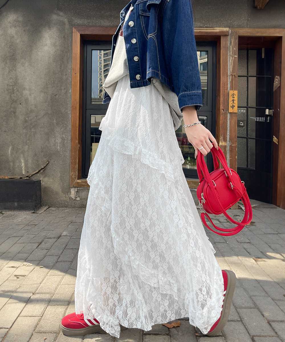 デート服 優美なレースティアードロングスカート