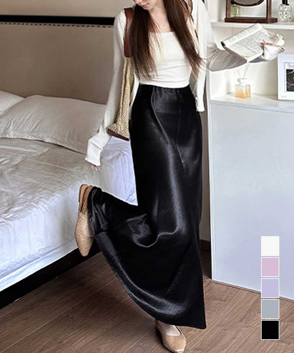 デート服 艶感サテンロングスカート 脚長効果 デート映え