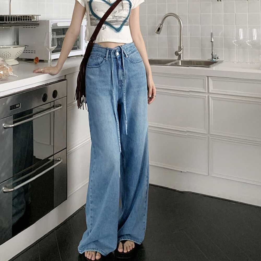 デート服 ハイウエスト紐付きデニムワイドパンツ