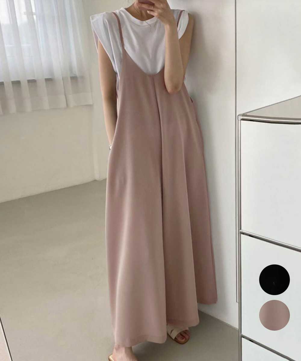 デート服 大人のVネックキャミサロペット ワイドズボン