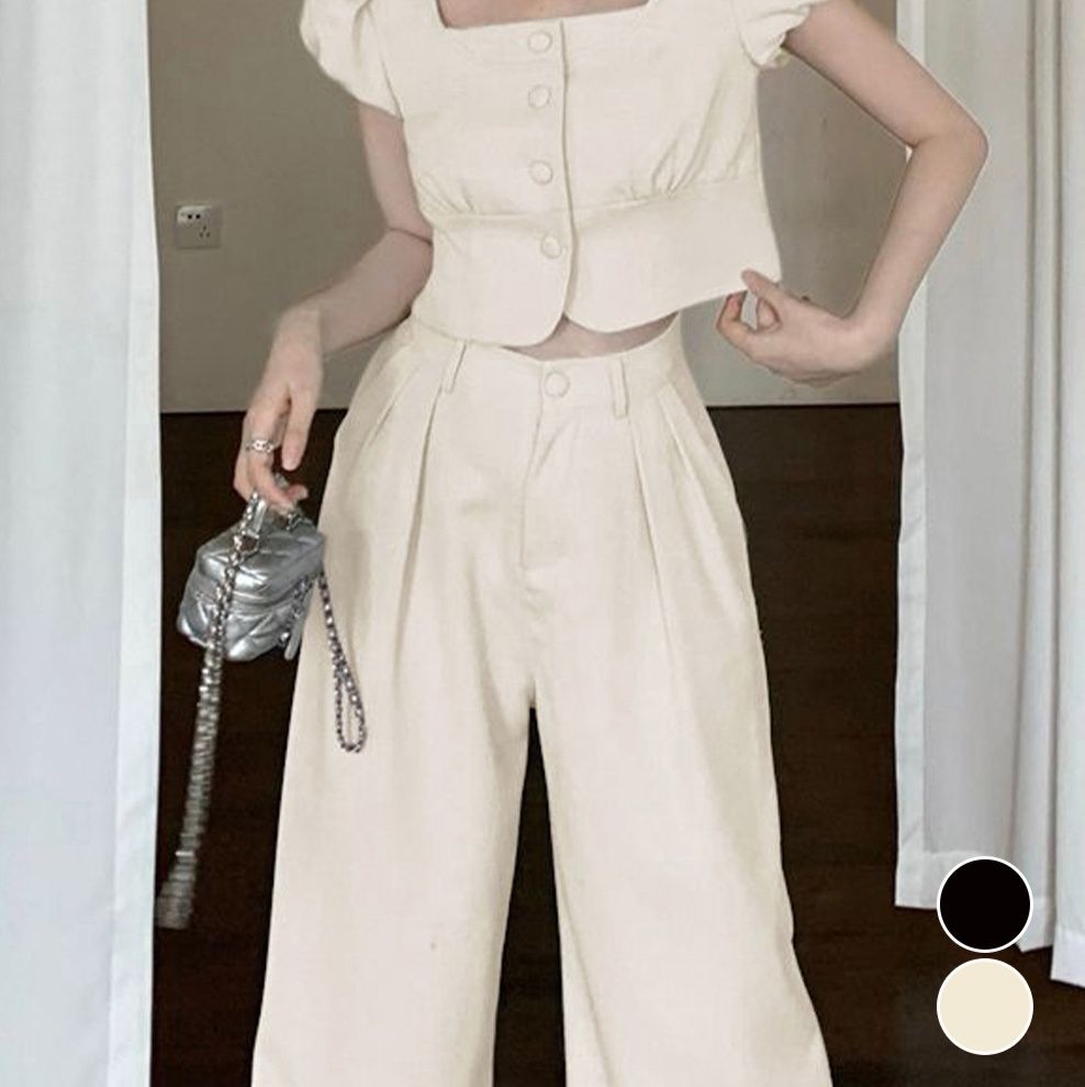 デート服 春のデート春夏パフスリーブトップス×ワイドパンツセットアップ
