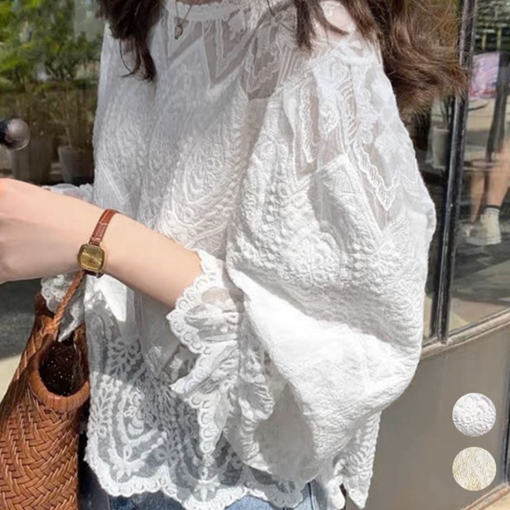 デート服春のデート 透け感レース袖ボリュームブラウス