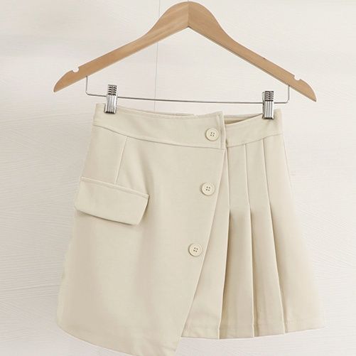 デート服スカートフロントボタン ハイウエスト プリーツミニスカート