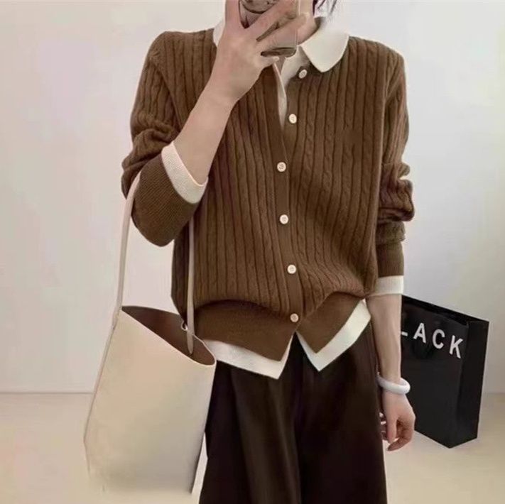 デート服おうちデート襟付きケーブル編みニットセーター重ね着風