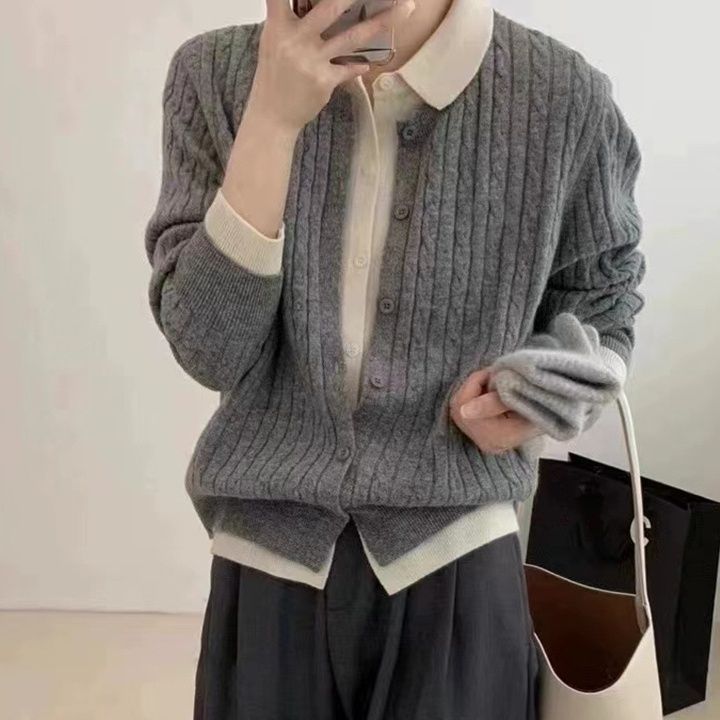 デート服おうちデート襟付きケーブル編みニットセーター重ね着風