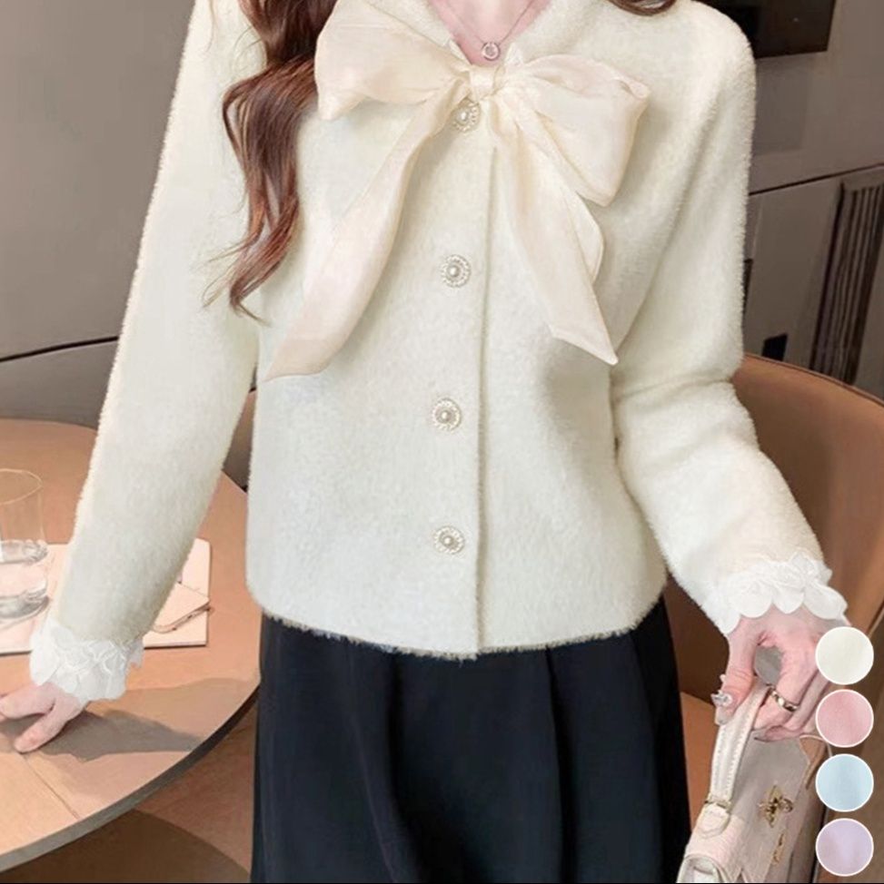 デート服秋のデート 大きなリボンが可愛いふわふわニットカーディガン