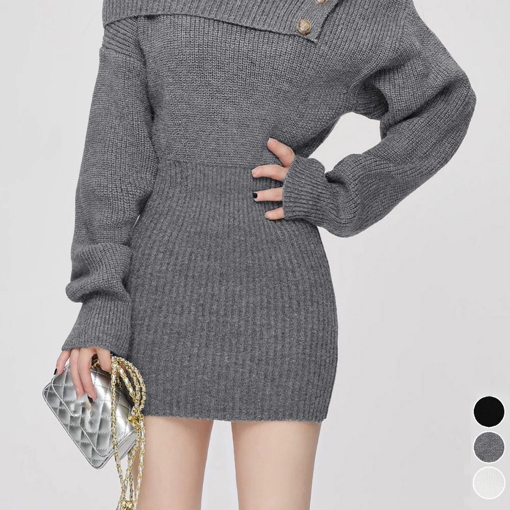 デート服ワンピース金ボタン付きオフショルダーニットワンピース