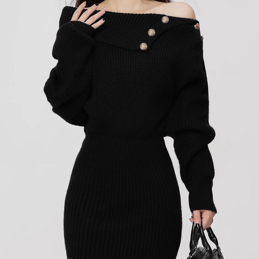 デート服ワンピース金ボタン付きオフショルダーニットワンピース