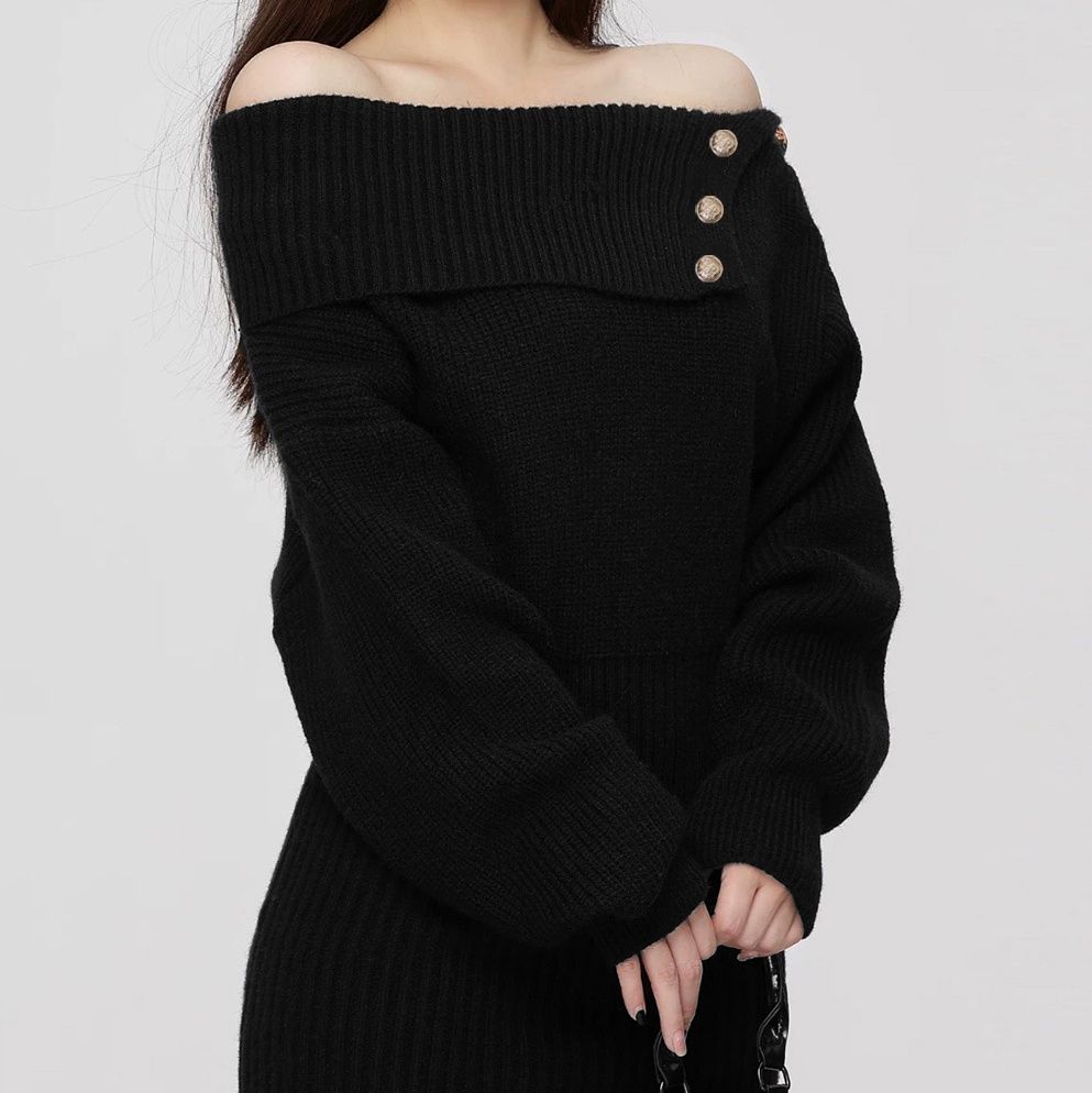 デート服ワンピース金ボタン付きオフショルダーニットワンピース
