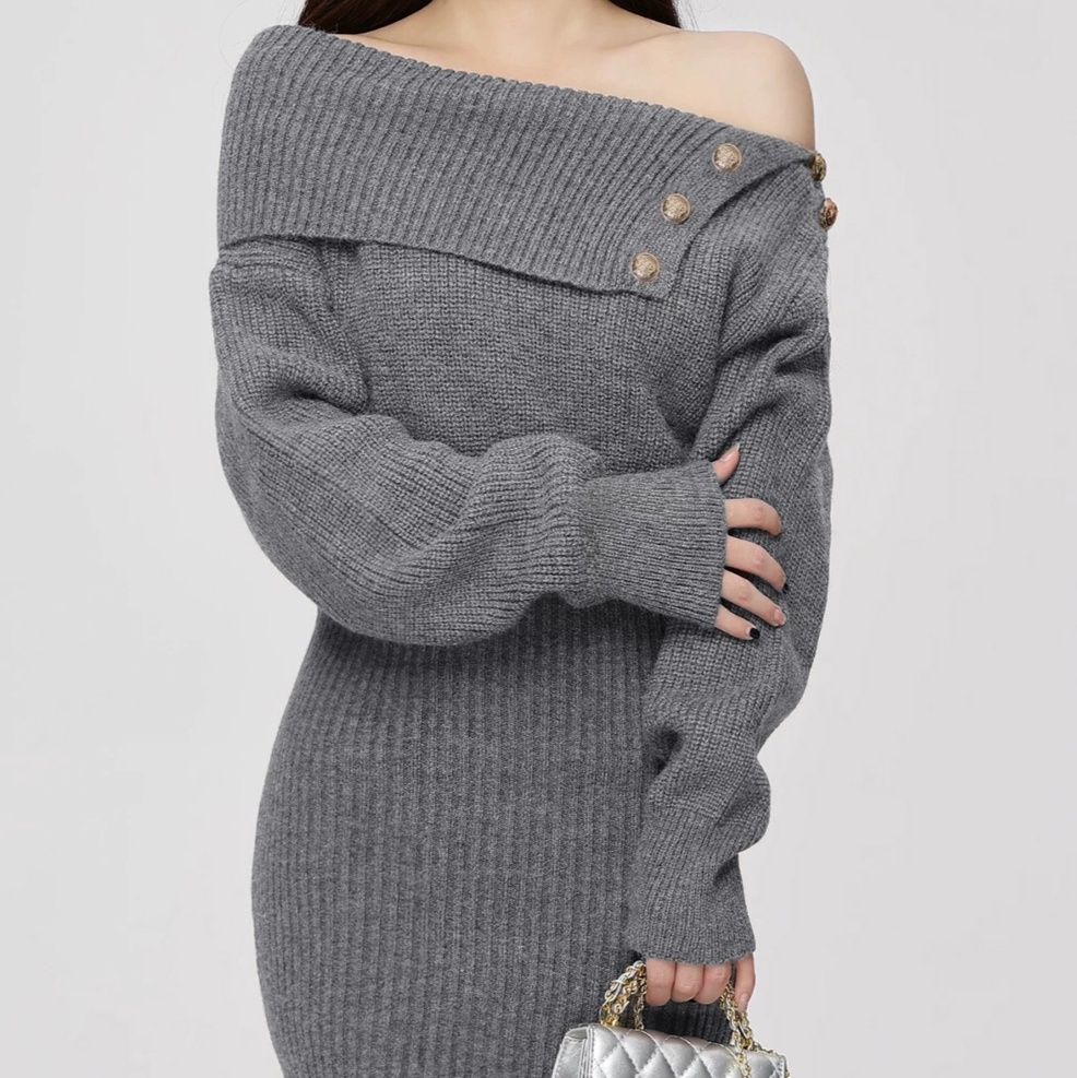 デート服ワンピース金ボタン付きオフショルダーニットワンピース