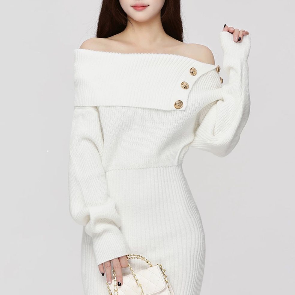 デート服ワンピース金ボタン付きオフショルダーニットワンピース