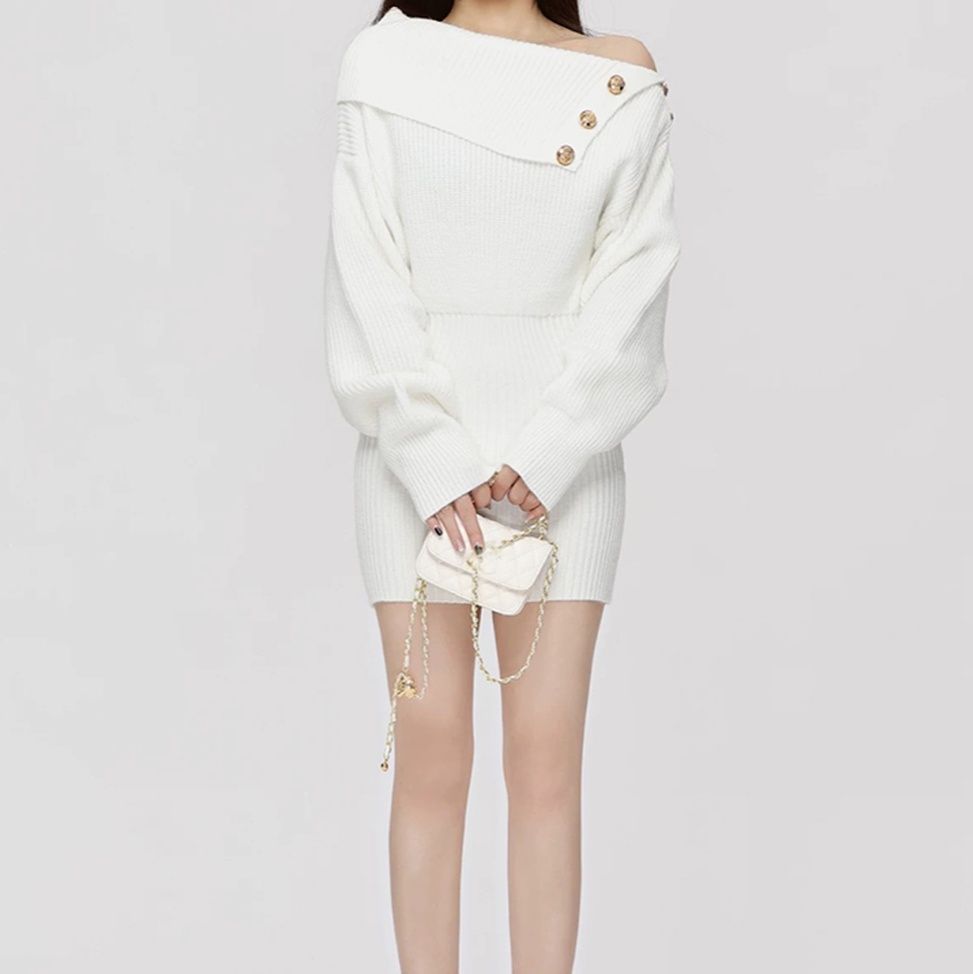 デート服ワンピース金ボタン付きオフショルダーニットワンピース
