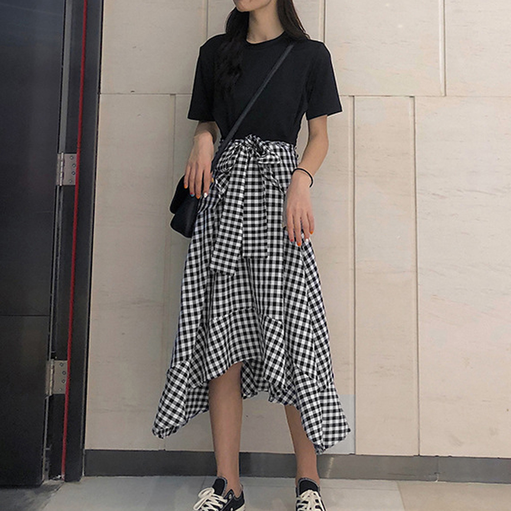 モノトーンチェック切替ワンピース 春夏デート服