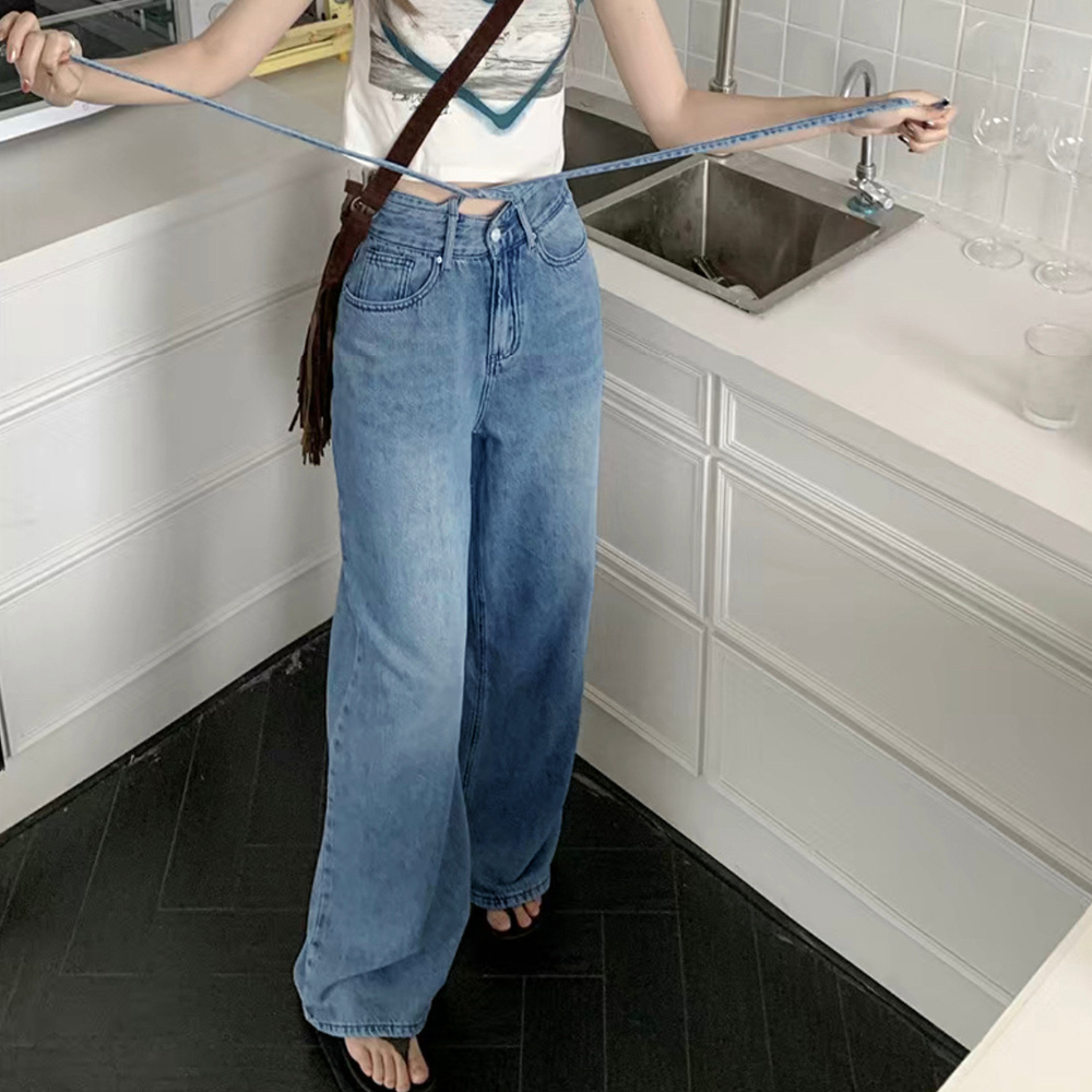 デート服 ハイウエスト紐付きデニムワイドパンツ