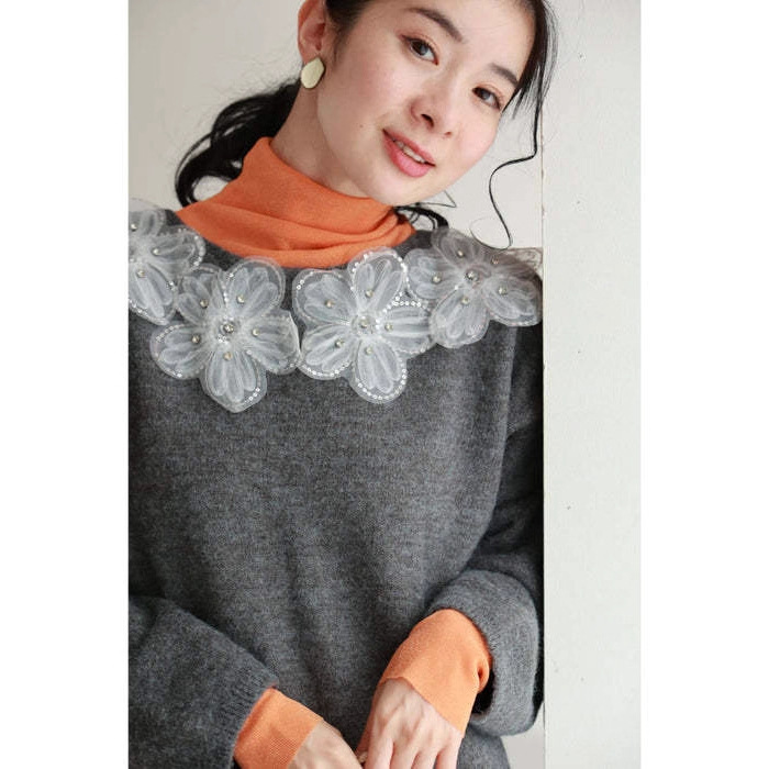 デート服 花柄刺繍襟付きニットセーター韓国風