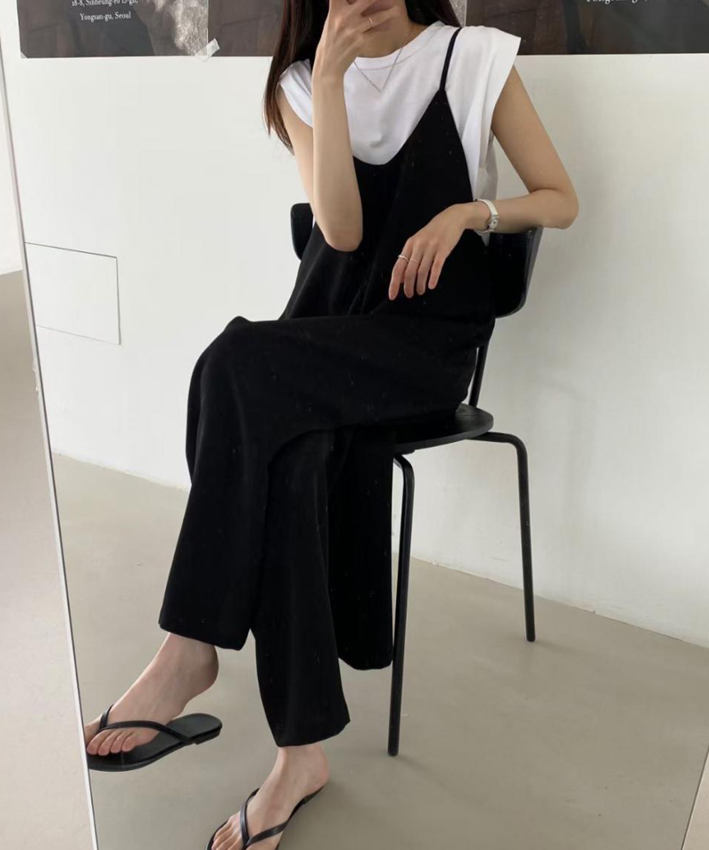 デート服 大人のVネックキャミサロペット ワイドズボン