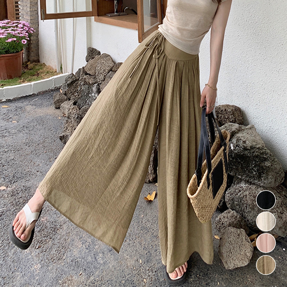 デート服 スカート見えする綿麻とろみワイドズボン