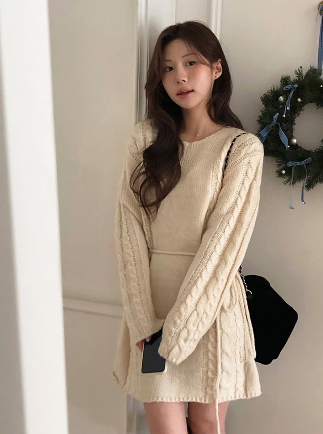 デート服 早春新作上品ケーブル編みニットワンピース