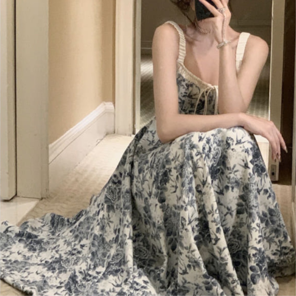 デート服 春新作花柄キャミソール編み上げワンピース