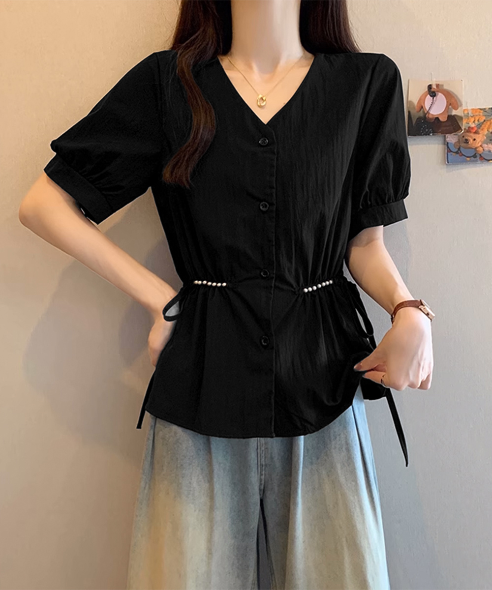 デート服 夏のデート向け パール付きウエスト絞りブラウス