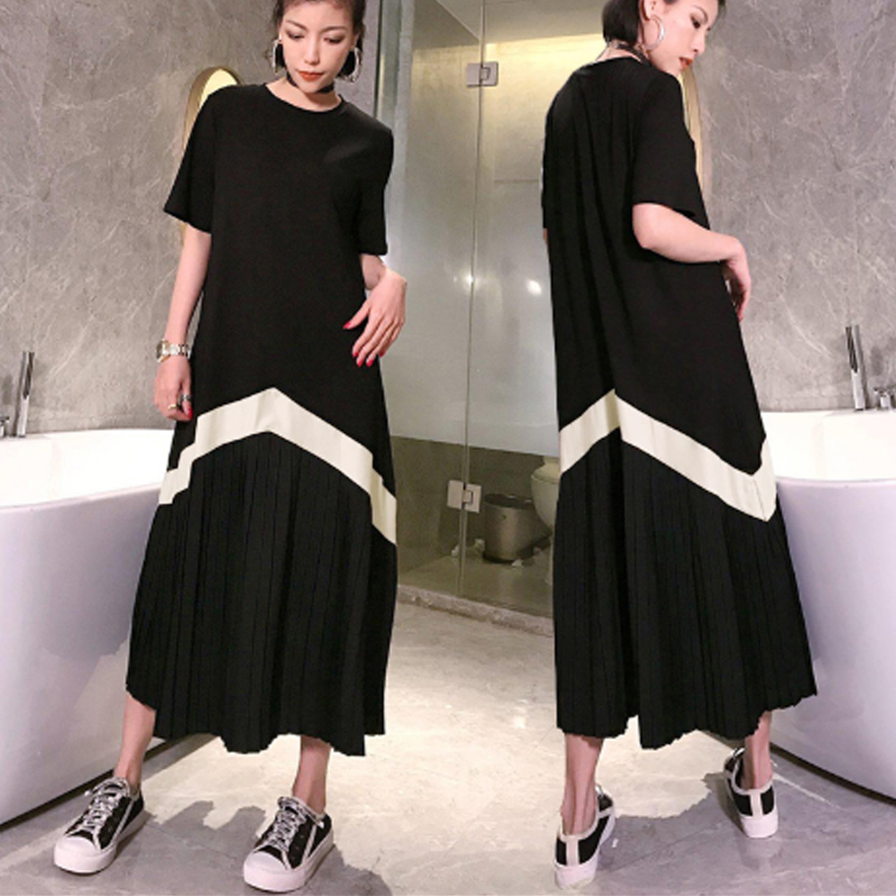 デート服 配色切り替え プリーツ ロングワンピース